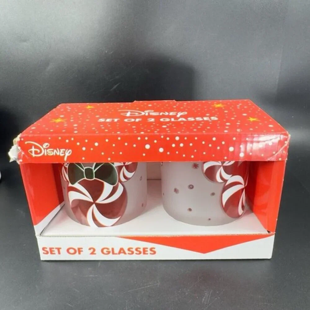 Disney Christmas Peppermint Cup Lowball Tumbler Set 2 New In‎ Box Clear Frosted
